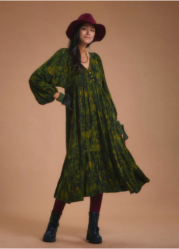 Loose Fit Tiered Long Puff Sleeve Dress